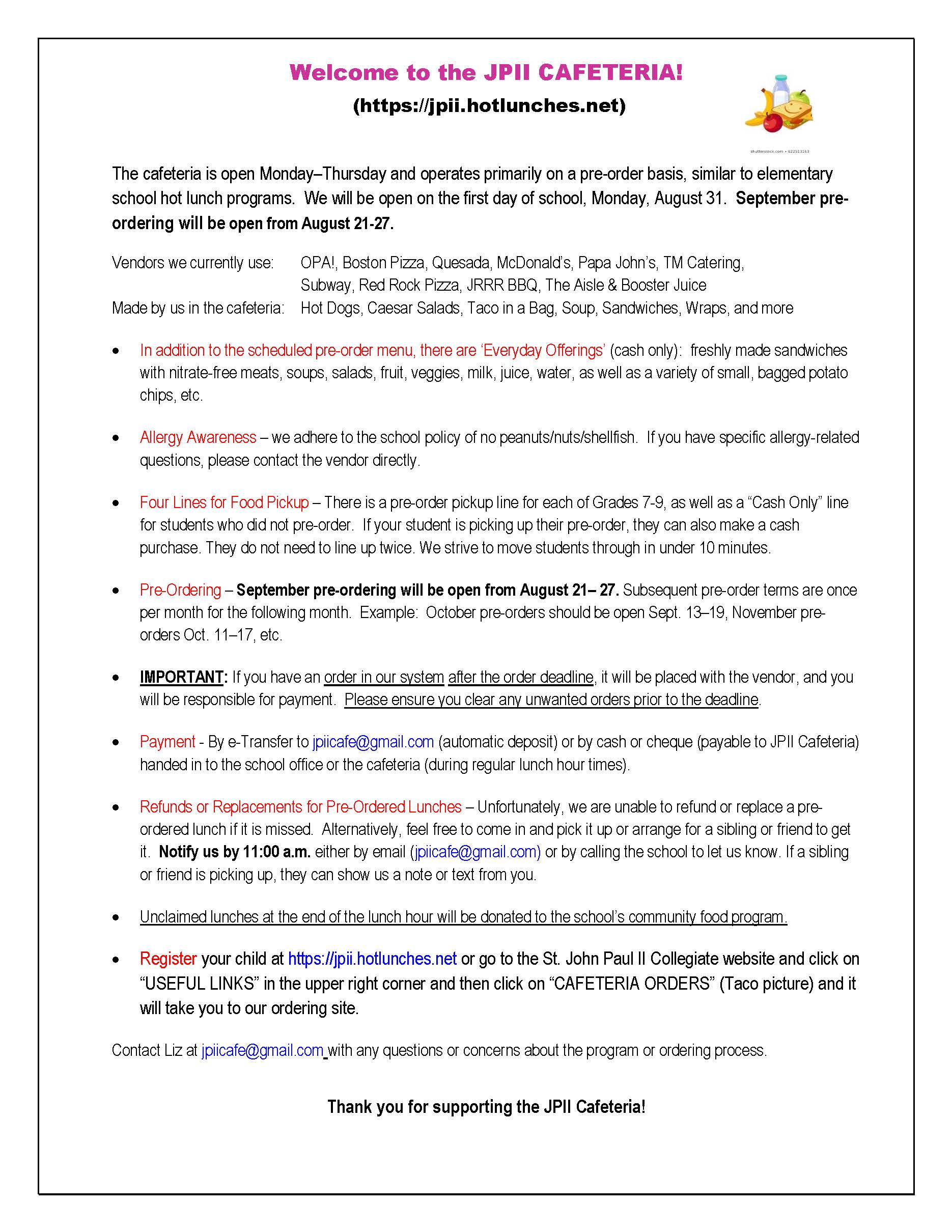 JPII Cafeteria Intro Letter 2026 2027
